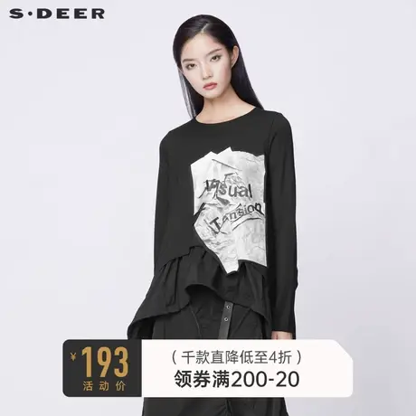 sdeer圣迪奥女装春秋装圆领字母印花不规则长袖T恤女S21380220🦕商品大图