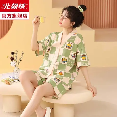 睡衣女夏季薄款短袖大码新款纯色棉质可爱外穿女士夏天家居服套装图片