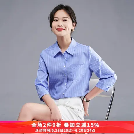 蓝色条纹衬衫女2025夏季新款休闲叠穿小个子外套通勤宽松短袖衬衣商品大图