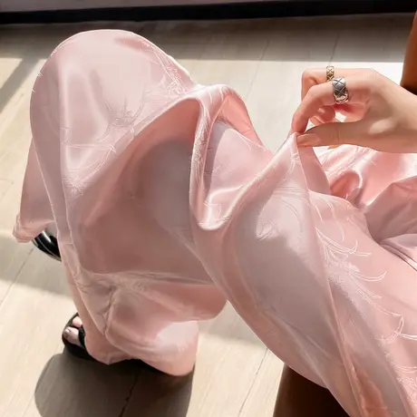 新中式国风提花冰丝阔腿裤女夏季薄款高腰直筒醋酸垂感粉色休闲裤商品大图