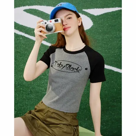 a02修身显瘦灰色插肩袖圆领短款上衣夏季休闲女式T恤商品大图