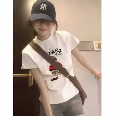 美式棉质正肩白色短袖t恤女2025新款夏季小众设计感减龄显瘦上衣图片