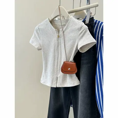 双拉链开衫设计感短袖T恤女夏季韩版修身圆领打底衫内搭半袖上衣商品大图