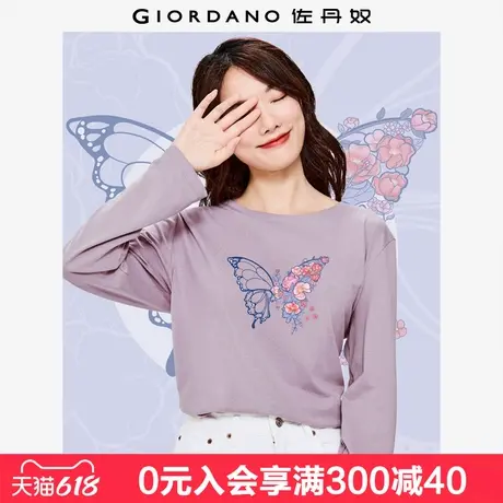 佐丹奴联名t恤女新款针织纯棉花朵蝴蝶甜美减龄长袖上衣99393251图片