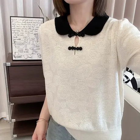新中式女装2025新款夏装短袖t恤女设计感复古国风薄款针织衫上衣图片