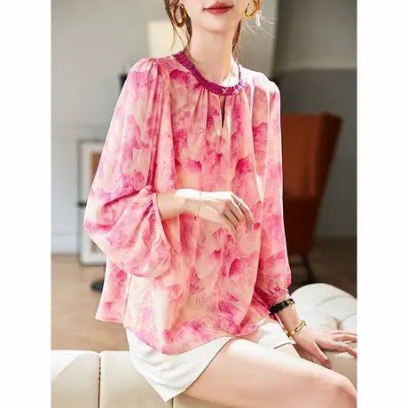 宝诗黎圆领印花休闲长袖雪纺衫2025夏季气质宽松百搭小衫上衣女图片