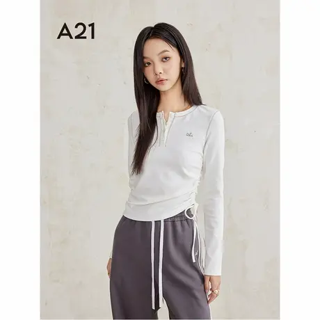 A21女装抽绳半开圆领T恤2024秋季新款美式简约辣妹修身长袖上衣图片