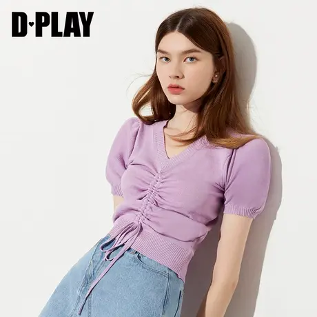 DPLAY德帕拉夏季款紫色V领抽绳针织短袖简约气质上衣商品大图
