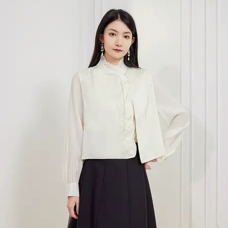 希区瑞普女装荷叶领拼接新中式刺绣减龄假两件马甲衬衣商品大图
