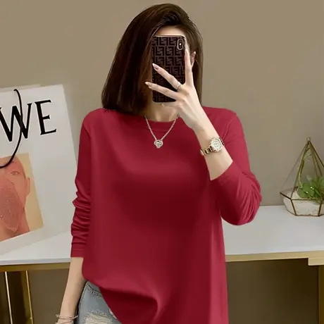 KWV真维斯车厘子红纯棉t恤女长袖春秋2025新款爆款高级感内搭上衣商品大图