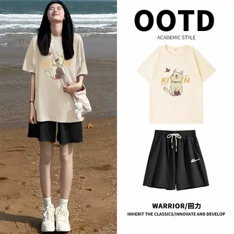 回力休闲运动套装女夏2025新款宽松短袖三分短裤小个子穿搭两件套图片