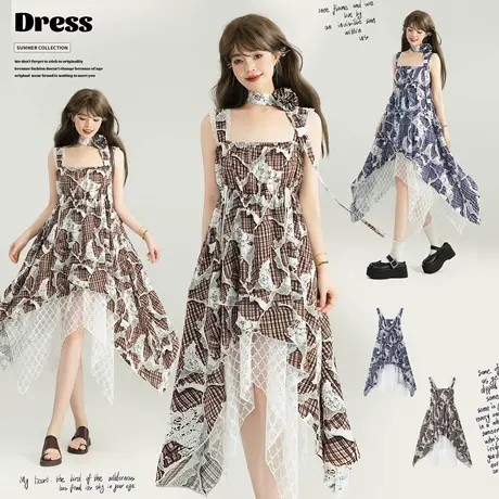 KEIKO [赠丝带]破败感印花吊带裙早秋流浪风蕾丝拼接不规则连衣裙商品大图