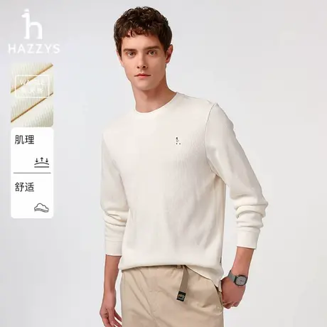 【华夫格肌理感】Hazzys哈吉斯秋季男士圆领纯色打底长袖T恤卫衣图片
