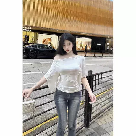 韩女气质荡领两穿一字肩T恤女夏季新款修身收腰显瘦辣妹百搭上衣图片