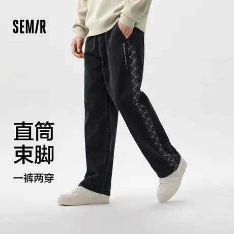 森马牛仔裤男春季复古港风宽松直筒裤潮流个性绣花长裤松紧腰裤子商品大图