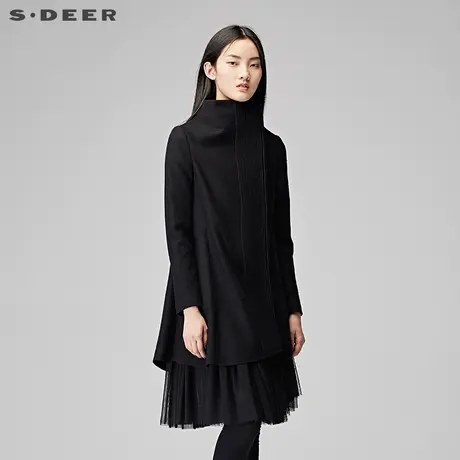 sdeer圣迪奥冬立体褶皱立领斜襟网纱拼接毛呢大衣女S15481823图片