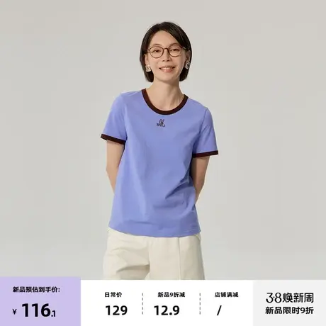 omont蛋挞家 撞色正肩T恤女春季新款圆领刺绣设计显瘦短袖商品大图