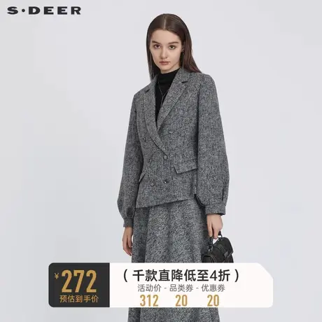 sdeer圣迪奥女装西装领格纹肌理短款泡泡袖西装外套S223Z2249图片