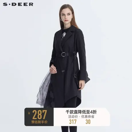 sdeer圣迪奥秋冬休闲翻领收腰拼接网纱印花毛呢大衣女S20481706图片