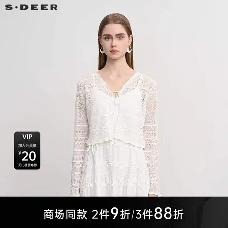【商场同款】sdeer圣迪奥田园风V领镂空钩花开衫针织衫S25283509图片
