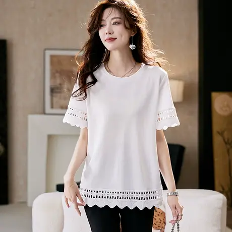 宝诗黎圆领蕾丝拼接纯白棉质T恤2025夏季韩版简约百搭休闲短袖女图片