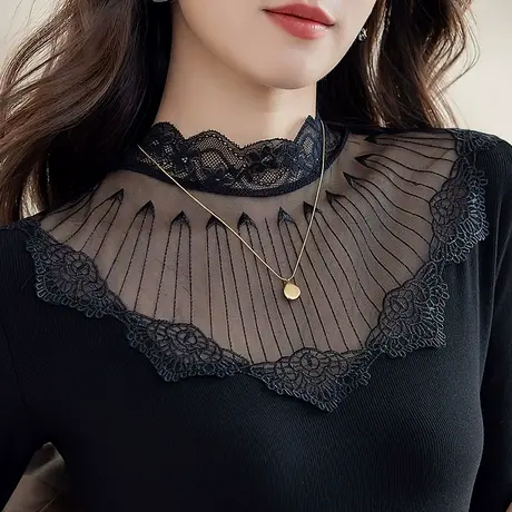 五公主蕾丝打底衫厚半高领妈妈黑色上衣秋冬新款内搭外穿洋气小衫商品大图