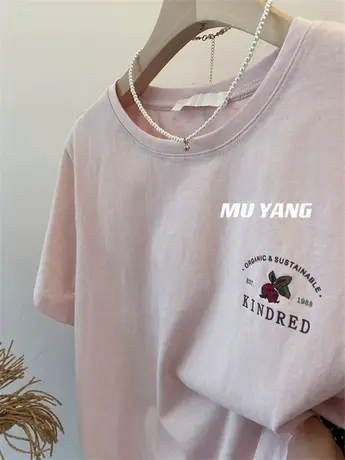 一颗红萝卜花 小刺绣圆领休闲短袖T恤女2024夏季新款棉料百搭上衣商品大图