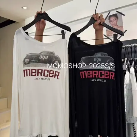 韩国东大门夏季新款美式印花斜领露肩长袖T恤女宽松薄款防晒上衣图片