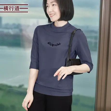 半高领绣花宽松中袖休闲简约百搭打底衫T恤上衣小衫2025春装新款图片