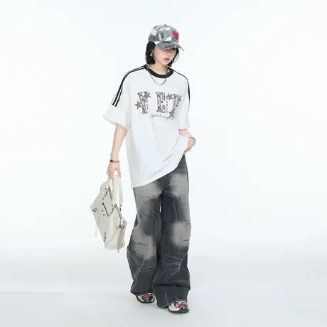 美式复古潮牌撞色字母印花短袖T恤女夏三条杠宽松情侣款半袖上衣图片