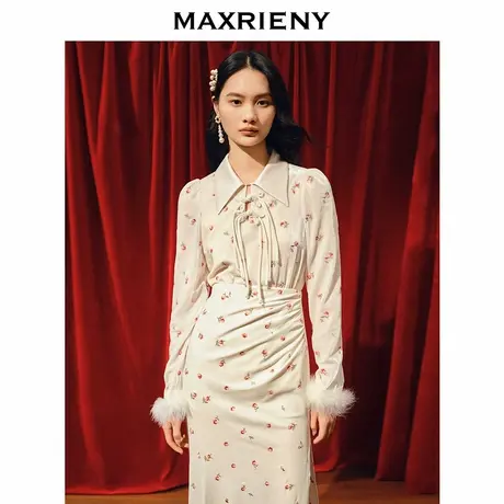 【奥莱】MAXRIENY国风复古锻扣直身丝绒衬衫修身上衣女图片