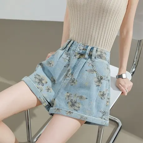 印花牛仔短裤女夏季薄款高腰宽松显瘦蓝色a字挽边阔腿三分热裤子商品大图