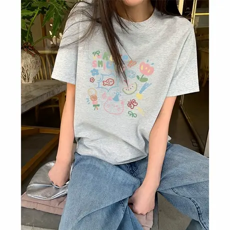 KWV真维斯灰色短袖t恤女2025夏独特超好看单穿上衣宽松独特印花商品大图