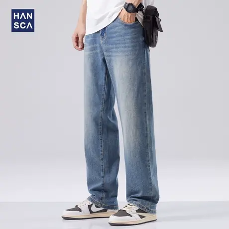 hansca美式复古牛仔裤男春季新款弹力长裤宽松直筒阔腿高街裤子男商品大图