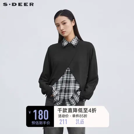 sdeer圣迪奥女装休闲格纹衬衣不规则针织衬衫真两件套S223Z1430➖商品大图