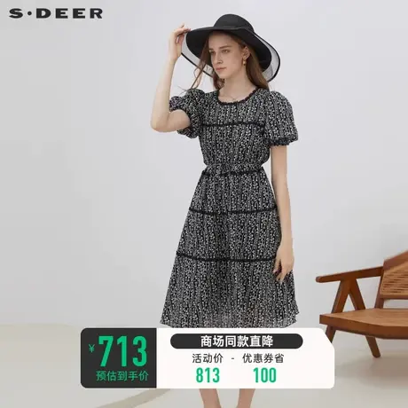 sdeer圣迪奥女装夏装碎花蕾丝泡泡袖吊带两件套连衣裙S223Z12J9商品大图