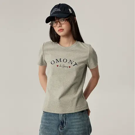 omont蛋挞家复古字母绣花短袖T恤2025春圆领正肩修身显瘦半袖上衣商品大图