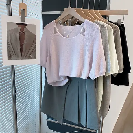 冰丝圆领镂空针织衫女2025春夏新款外穿上衣薄款洋气短袖t恤衫潮商品大图