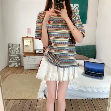 彩色条纹刺绣短袖t恤衫女夏季2025新款设计感正肩半袖多巴胺上衣图片
