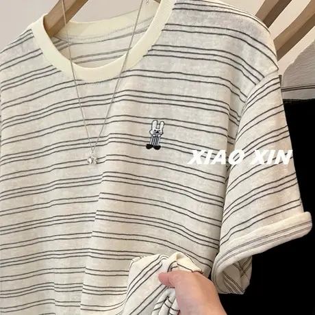 韩系刺绣小兔子苎麻棉条纹短袖T恤 2025春夏舒适透气宽松休闲上衣商品大图