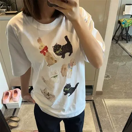 个性趣味印花圆领短袖T恤女夏季宽松韩版内搭打底衫休闲纯棉上衣商品大图