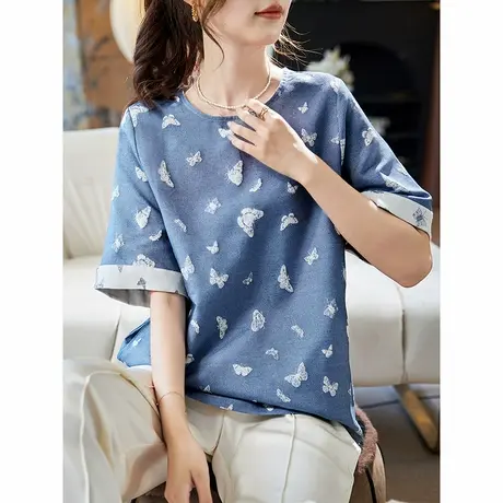宝诗黎圆领提花拼接牛仔T恤女2025夏季新款韩系休闲百搭短袖上衣商品大图