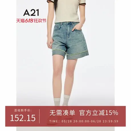 A21女装水洗毛边牛仔短裤2025夏季新款简约小个子宽松高腰直筒裤图片