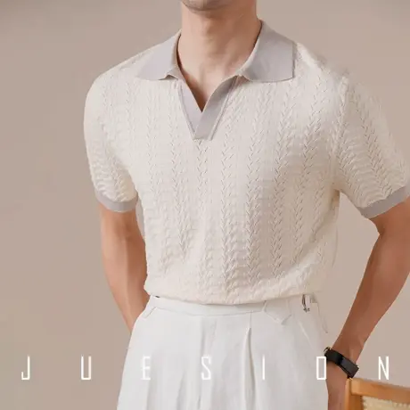 【凉感天丝棉】JUESION 意式提花polo衫男短袖 v领撞色易打理上衣图片