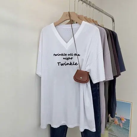 大码胖mm正肩v领t恤短袖ins潮宽松美式微胖巨好看的chic上衣女夏商品大图