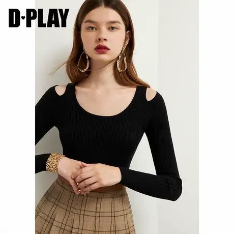 DPLAY德帕拉秋冬款黑色U型领镂空露肩显瘦针织打底衫上衣图片