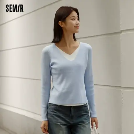 森马毛衣女拼色假两件毛衫修身百搭2025春新款拼接圆领套头衫显瘦商品大图