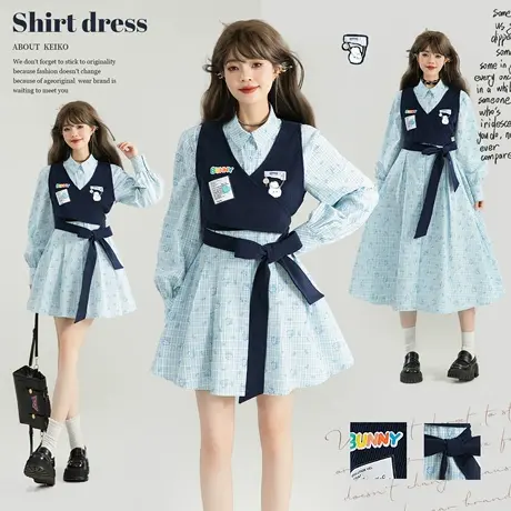KEIKO 韩系高智感假两件式连衣裙25秋季设计感系带收腰格纹衬衫裙商品大图