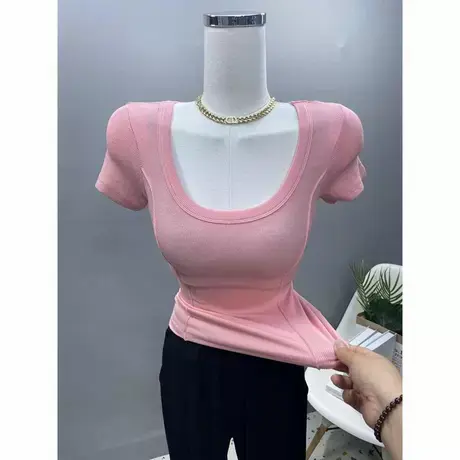实力抢镜！敲显白好穿性感大圆领短袖T恤女紧身显胸上衣韩版ins夏商品大图
