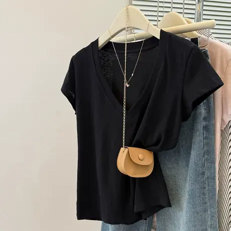 洋气时髦V领大领口短袖T恤女夏季薄款韩版宽松雪花棉半袖上衣体恤商品大图